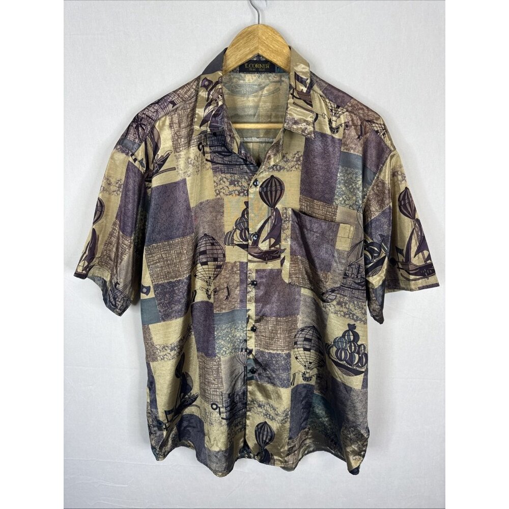 T. Corner Thai Silk Men L‎ Short  Sleeve Button Up Shirt Vintage Air Balloon